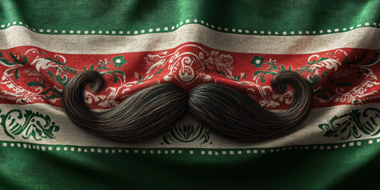 Mustache design on textile featuring red and green patterns inspired by cultural heritage